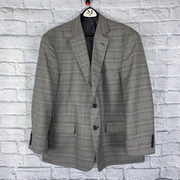 Stafford essentials mens 44R black & white button plaid blazer - Picture 1 of 13
